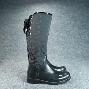 Coach Tristee Rain Boots Womens Size 8 Black Leather Knee High Logo Monogram